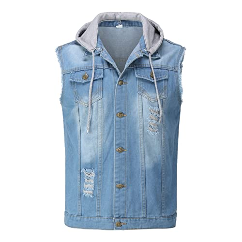 YOUTHUP Weste Herren Denim Weste mit Kappe Regular Fit Zerrissen Jeansweste Ärmellose Freizeitweste, Blau, M von YOUTHUP