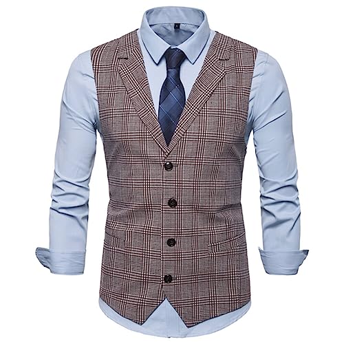 YOUTHUP Weste Herren Westen Kariert Anzugwesten Streifen Slim Fit Plaid Baumwolle Herrenweste, Kaffee 9702, S von YOUTHUP