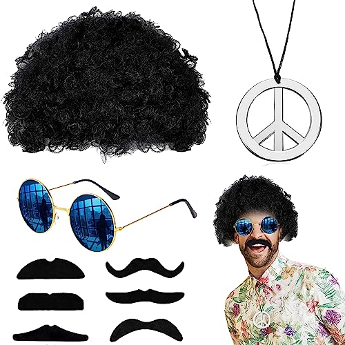 9 Stück Hippie Kostüm Set, 70er 80er Jahre Perücke Disco, Mode Afro Perücke, Sonnenbrille, Frieden Zeichen Halskette, Schnauzbart, Hippie Kostüm Herren Perücke für 60er 70er Jahre Hippie Mottoparty von YOUYIKE