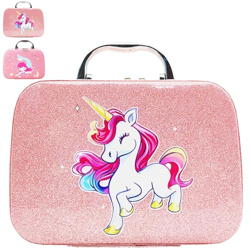 YOUYIKE Einhorn Kosmetiktaschen Mädchen, Kinder Kulturbeutel, Kosmetikkoffer mit Spiegel, Camping Reise Heim Wasserdicht Tragbar Waschtasche für Geschenk, für Mädchen 3 4 5 6 7 8 9 10 Jahre von YOUYIKE