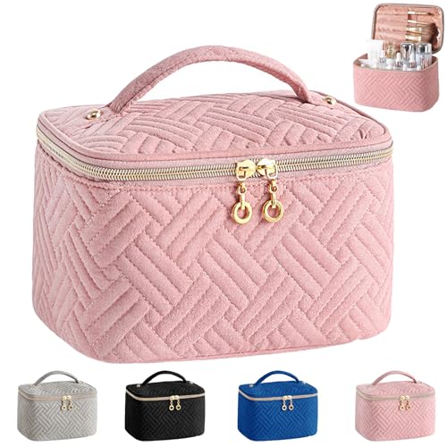 Kosmetiktasche Damen Reise Schminktasche Groß Make Up Tasche Organizer mit Bürstenfach Kulturtasche PU Leder Tragbare Makeup Bag (Rosa) von YOUYIKE