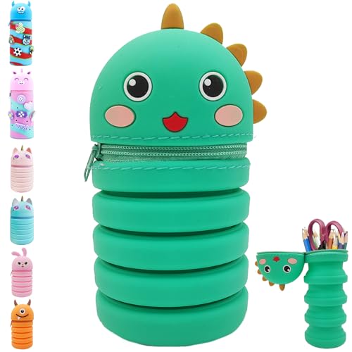 YOUYIKE Federmäppchen Klein, 2-in-1 Dinosaurier Federmäppchen Kinder und Stifthalter, Teleskopisc mäppchen Kinder, Federtasche Jungen, Silikon Pencil Case für Jungen Teen Geschenk zum Schulanfang von YOUYIKE