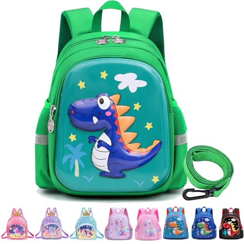 YOUYIKE Dino Rucksack Kindergarten, 3D Grün Dino rucksack kinder mit Anti-verlorenes Seil, Kita Rucksack, Kindergartenrucksack für Jungen im Alter von 2 bis 5 Jahren von YOUYIKE