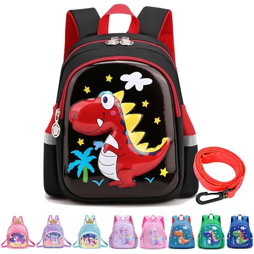 YOUYIKE Dino Rucksack Kindergarten, 3D Schwarz Dino rucksack kinder mit Anti-verlorenes Seil, Kita Rucksack, Kindergartenrucksack für Jungen im Alter von 2 bis 5 Jahren von YOUYIKE