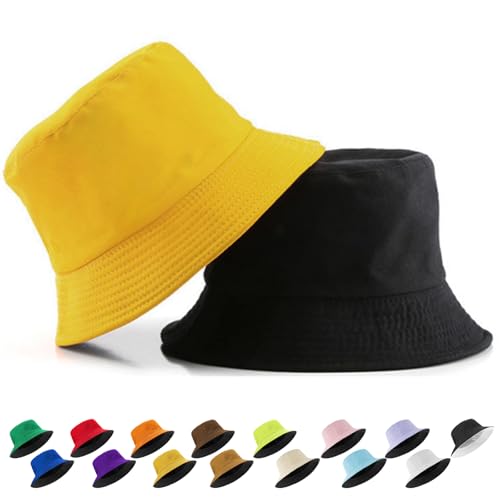 YOUYIKE Doppelseitiger Fischerhut aus 100% Baumwolle – Doppelseitiger Bucket hat für Damen & Herren – Sonnenschutz mit großem Rand – Sommer Freizeithut für Strand, Reisen & Outdoor - Gelb von YOUYIKE