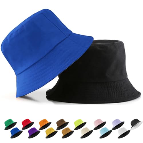 YOUYIKE Doppelseitiger Fischerhut aus 100% Baumwolle – Doppelseitiger Bucket hat für Damen & Herren – Sonnenschutz mit großem Rand – Sommer Freizeithut für Strand, Reisen & Outdoor - Saphirblau von YOUYIKE