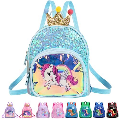 YOUYIKE Einhorn Rucksack Kindergarten, Blau Rucksack Kinder mit Krone Pailletten, Kindergartenrucksack Mädchen für Kinder von 2-5 Jahren, Kinderrucksack für Kita, Krippe, Ausflüge, Freizeit von YOUYIKE