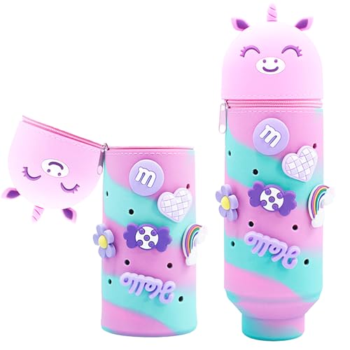 YOUYIKE 2-in-1 Kawaii Einhorn Federmäppchen Kinder und Stifthalter, mit 6 Crocs Anstecker, Silikon federmäppchen Kinder, Pencil Case, Teleskopisc Federtasche für Mädchen Teen Geschenk zum Schulanfang von YOUYIKE