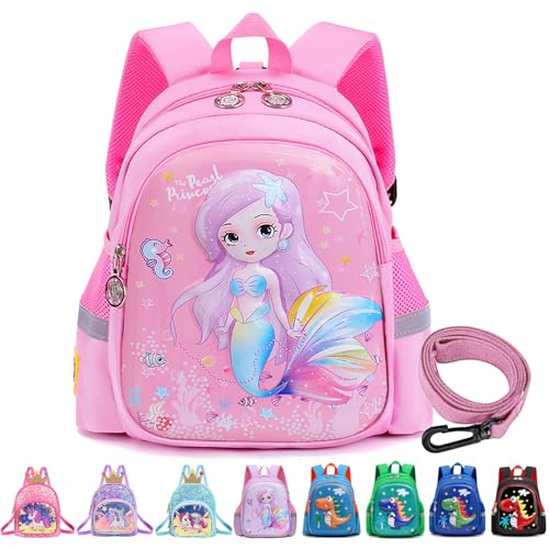 YOUYIKE Meerjungfrau Rucksack Kindergarten, 3D Rosa Meerjungfrau rucksack kinder mit Anti-verlorenes Seil, Kita Rucksack, Kindergartenrucksack für Mädchen im Alter von 2 bis 5 Jahren von YOUYIKE