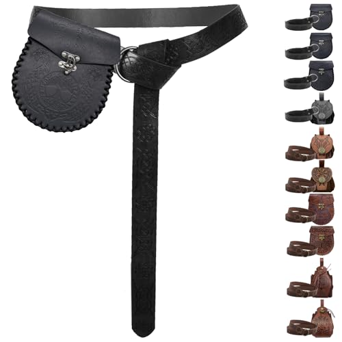 YOUYIKE Mittelalter Schwarz Geprägter Vintage Kunstleder Wikinger Gürtel und Seitentasche Set, PU-Leder Gürtel für LARP Herren Frauen (Black - D) von YOUYIKE