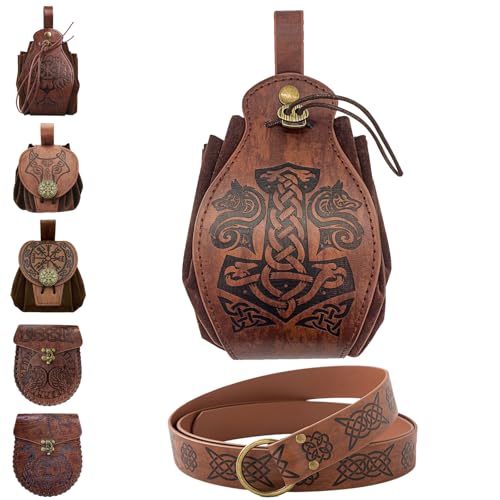 YOUYIKE Mittelalterliche Retro HüFttasche, Mittelalter Kleidung für Damen Herren Accessoires Set, Mittelalter Gürtel, Tragbares Seitenpaket, für Wikinger Piraten Hexe Ritter Renaissance Kostüm (E) von YOUYIKE