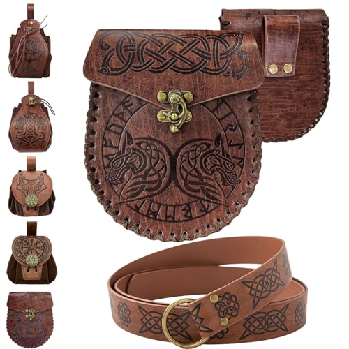 YOUYIKE Mittelalterliche Retro HüFttasche, Mittelalter Kleidung für Damen Herren Accessoires Set, Mittelalter Gürtel, Tragbares Seitenpaket, für Wikinger Piraten Hexe Ritter Renaissance Kostüm (F) von YOUYIKE