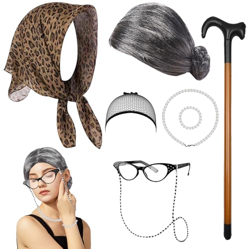 YOUYIKE Oma Kostüm Alte Frau Lustig Damen Set PerüCke Oma Brille Mit Kette Fasching Karneval Halloween Alter Mann Cosplay Rentner Kostüm Mit Krücken, für Erwachsene Kinder (Grauer Kugelkopf) von YOUYIKE
