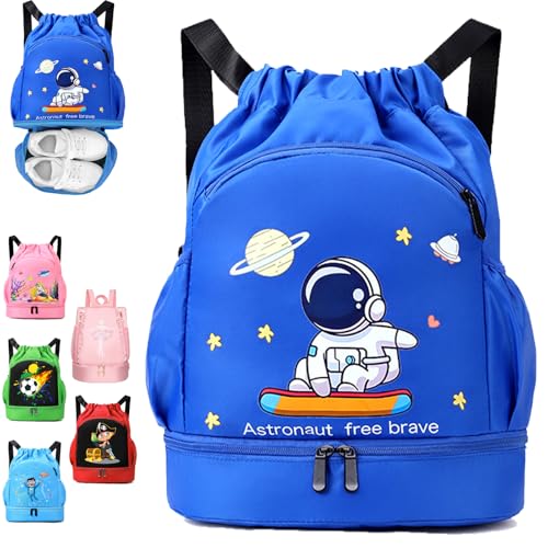 YOUYIKE Schwimmtasche Kinder, Astronauten Sportbeutel Junge mit Kordelzug, Wasserdichter Rucksack mit Bodenfach, 30 * 16 * 42 cm Große, Gym Bag Kinder-Sporttasche Blau von YOUYIKE
