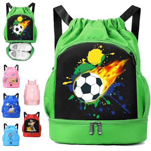 YOUYIKE Schwimmtasche Kinder, Fußball Sportbeutel Junge mit Kordelzug, Wasserdichter Rucksack mit Bodenfach, 30 * 16 * 42 cm Große Kinder-Sporttasche Grün von YOUYIKE