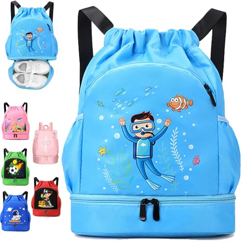 YOUYIKE Schwimmtasche Kinder, Taucherjungeen Sportbeutel Junge mit Kordelzug, Wasserdichter Rucksack mit Bodenfach, 30 * 16 * 42 cm Große, Gym Bag Kinder-Sporttasche Himmelblau von YOUYIKE