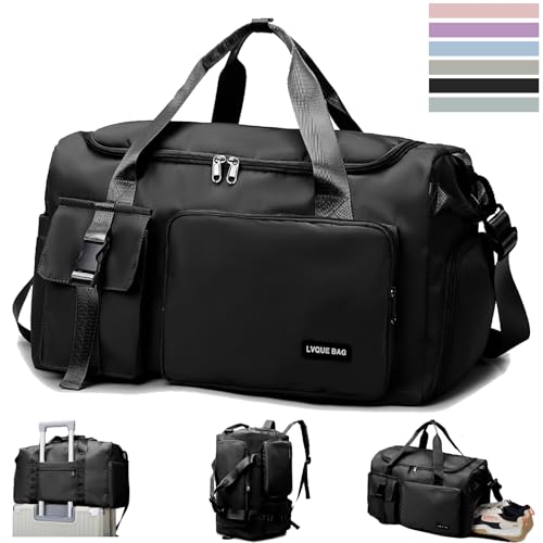 YOUYIKE Sporttasche Damen Herren, 42 L Wasserabweisende Sporttasche Groß Reisetasche Damen mit Schuhfach und Nassfach, Reisetasche Faltbar, Sporttaschen, für Reisen, Fitness, Sport (Schwarz) von YOUYIKE