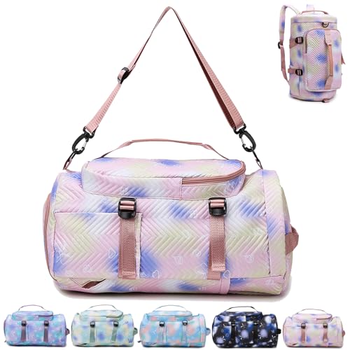 YOUYIKE konzipiert für Kinder kann in der Hand getragen Werden/Einzel-Schulter-/Doppel Schulter/Rucksackfunktion mit Schuhfach, Nassfach|Klassische Tasche (Blumenschleife-Romantisch Rosa-Blau) von YOUYIKE