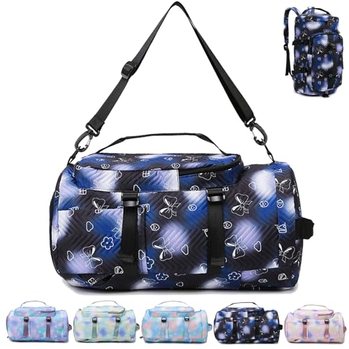 YOUYIKE konzipiert für Kinder kann in der Hand getragen werden/Einzel-Schulter-/Doppel Schulter/Rucksackfunktion mit Schuhfach, Nassfach|Klassische Tasche (Blumenschleife - Klassisch Blau und Schwarz) von YOUYIKE