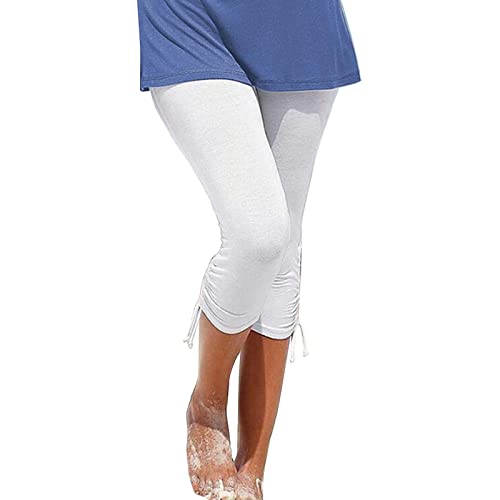 YOUYING Capri-Leggings für Damen, elastische Taille, seitlicher Kordelzug, Sommer, Blumendruck, Strand, Yogahose, lässig, schmale Passform, kurze Hose, A#weiß, S von YOUYING