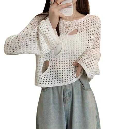 YOUYOUGU Damen Rundhalsausschnitt Badeanzug Cover Up Langarm Mesh Sexy Schwimmen Strand Strick Crop Top(White) von YOUYOUGU