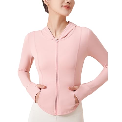 YOUYOUGU Damen UPF 50+ Sonnenschutz Kapuzenjacke Leichtes Langarm-Sonnenhemd mit Tasche Wandern Outdoor(Pink,S) von YOUYOUGU