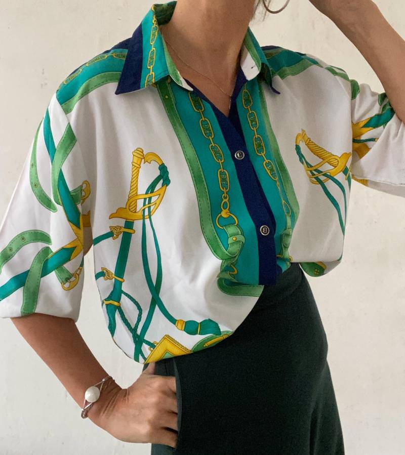 Schöne Vintage Bluse Kurzärmelig 80Er 90Er Jahre Grün Und Weiss von YOUandEL