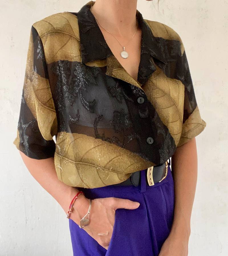 Schöne Vintage Bluse Kurzärmelig in Schwarz Und Beige Mit Glitzer 80Er 90Er Jahre von YOUandEL