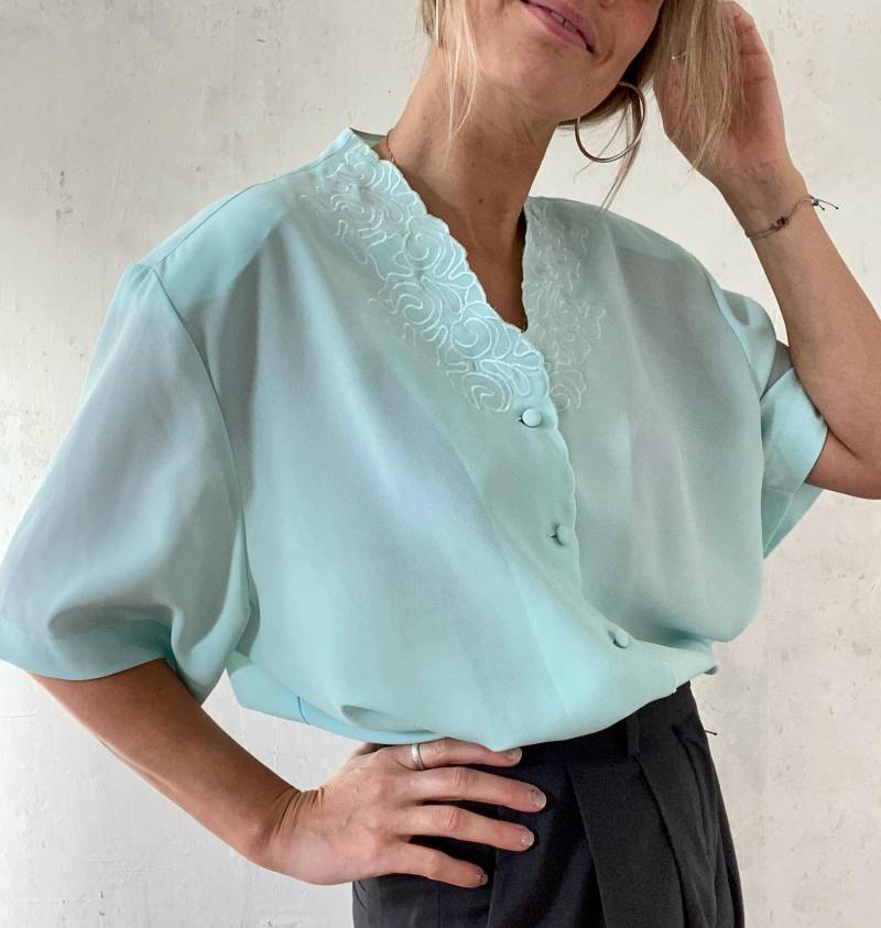 Schöne Vintage Bluse in Türkis Kurzärmelig Boho 80Er 90Er Jahre von YOUandEL