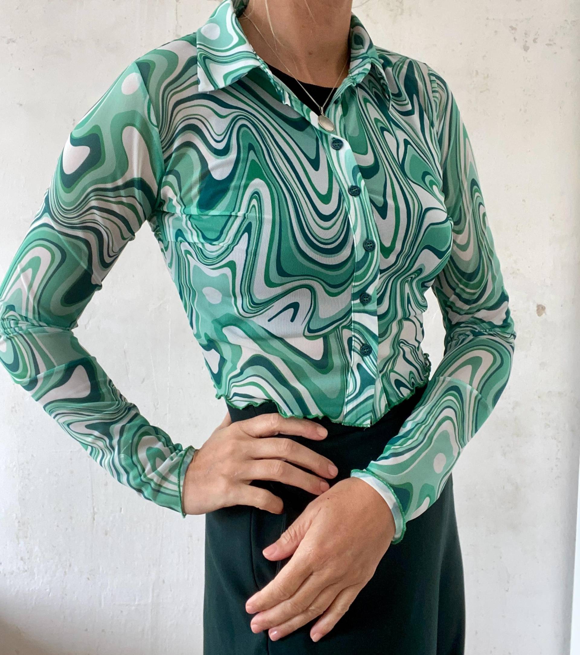 Schöne Vintage Mesh Bluse Rave 2000Er Jahre in Grün Und Weiß von YOUandEL