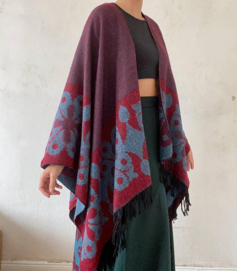 Schöner Vintage Poncho/Umhang Cape in Bordeaux Und Blau Töne Boho von YOUandEL