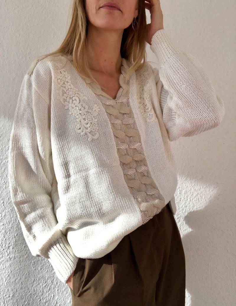 Schöner Vintage Strickpullover in Creme Weiß 70Er 80Er Jahre von YOUandEL