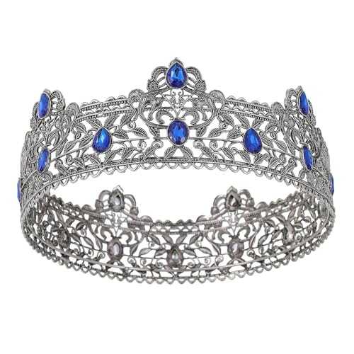 YOVECATHOU Herren Kronen Metall Erwachsene Männer Geburtstag Homecoming Party Krone Königskrone für Cosplay Hochzeit Halloween Haarschmuck (Dunkelsilber mit blauem Stein) von YOVECATHOU