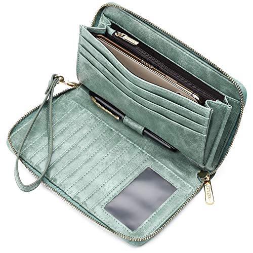 YOVIEE Geldbörse Damen - Groß Vintage Leder Brieftasche - Portemonnaie Damen - RFID-Schutz Portmonee Frau - Geldbeutel Damen mit 15 Kartenfächern mit Handyfach - Purse for Women 1791Grün|Green von YOVIEE