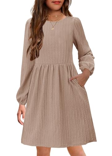YOVION Mädchen-Strickkleid, Rundhalsausschnitt, Lange Ärmel, einfarbig, A-Linie, Herbstkleid, Freizeitkleider mit Taschen, für 6–12 Jahre, Hellkhaki, 140 von YOVION