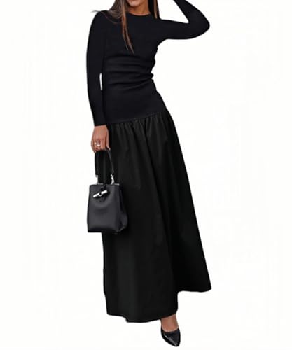YOXUA Damen Langarm Patchwork A-Linie Lang Maxikleid Herbst Winter Strand Maxikleid, Schwarz, Groß von YOXUA