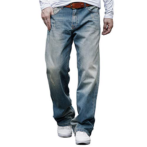 Herren Premium Relaxed Fit Straight-Leg Jeans Washed Denim Loose Fit Arbeitslatzhose Nostalgisches Blau 34, Nostalgisches Blau, 34W / 33L von YOYEAH