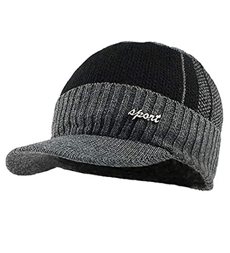 YOYEAH Herren Outdoor Newsboy Mütze Winter Warm Dicke Strickmütze Beanie Cap Fleece Gefüttert Skull Skimütze mit Visier - Grau - 56-59 cm von YOYEAH