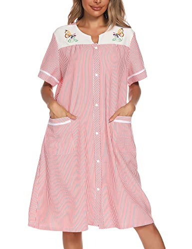 YOZLY Damen besticktes Hauskleid, kurzärmelig, mit Vordertaschen, Größe S-3XL, rot, Mittel von YOZLY