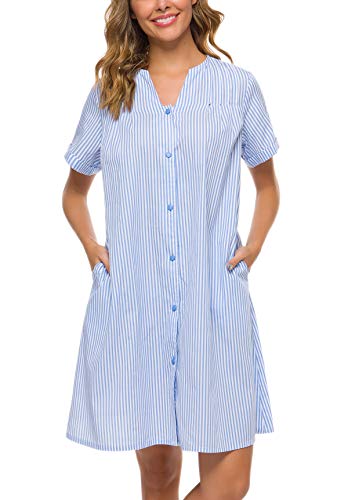YOZLY Hauskleid Damen Baumwolle Staubwedel Robe Kurzarm Hausmantel Knopfleiste Nachthemd, Hell, blau, Large von YOZLY