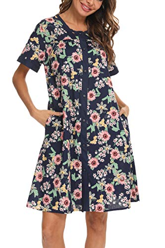 YOZLY Hauskleid Damen Kurzarm Hausmantel Staubwedel Bademantel Knopfleiste Nachthemd S-XXL, Floral D, L von YOZLY