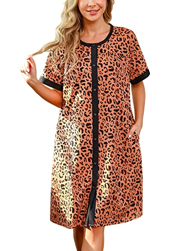 YOZLY Hauskleid Damen Kurzarm Hausmantel Staubwedel Bademantel Knopfleiste Nachthemd S-XXL, Leopard, Medium von YOZLY