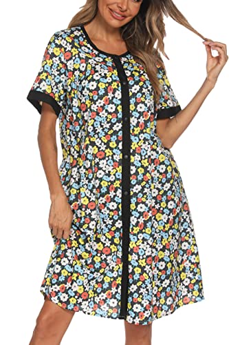 YOZLY Hauskleid Damen Kurzarm Hausmantel Staubwedel Robe Knopfleiste Nachthemd S-XXL, Multi Mix, Medium von YOZLY