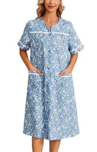 YOZLY Hauskleid Damen Bestickt Hausmantel Kurzarm Staubwedel Robe mit Fronttaschen, Blume/Blau, XX-Large von YOZLY