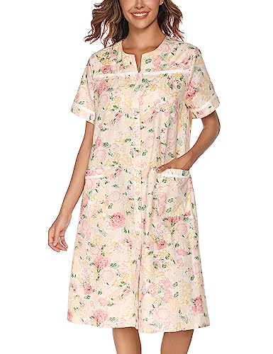 YOZLY Hauskleid Damen bestickt Hausmantel Kurzarm Staubwedel Robe mit Fronttaschen, Blume/Pink, XX-Large von YOZLY