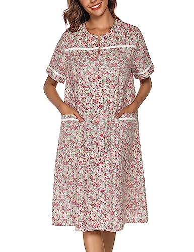 YOZLY Hauskleid Damen Bestickt Hausmantel Kurzarm Staubwedel Robe mit Fronttaschen, Blumen, X-Groß von YOZLY