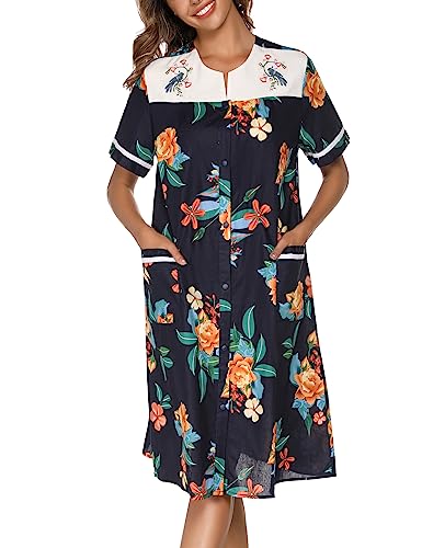 YOZLY Hauskleid Damen bestickt Hausmantel Kurzarm Staubwedel Robe mit Fronttaschen, Floral Navy, X-Groß von YOZLY