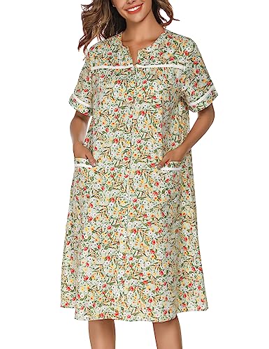 YOZLY Hauskleid Damen bestickt Hausmantel Kurzarm Staubwedel Robe mit Fronttaschen, Grün (Blume), Klein von YOZLY
