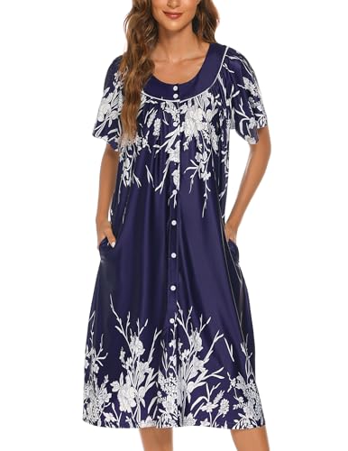 YOZLY Hauskleid für Damen, kurzärmelig, Mumu Duster, Robe mit Taschen, 0-Marine-Weiß, 3X-Groß von YOZLY