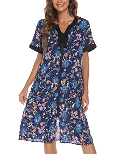 YOZLY Hauskleider für Damen, Reißverschluss vorne, leichter Hausmantel mit Taschen, Dunkelblau, Mittel von YOZLY